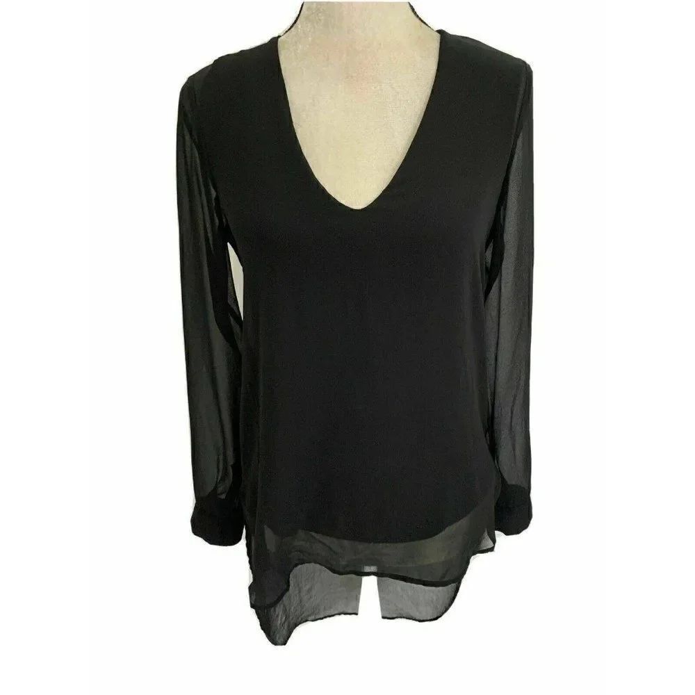 Zara Womens Solid Black High Low V Neck Long Sleeve Top Blouse Xs